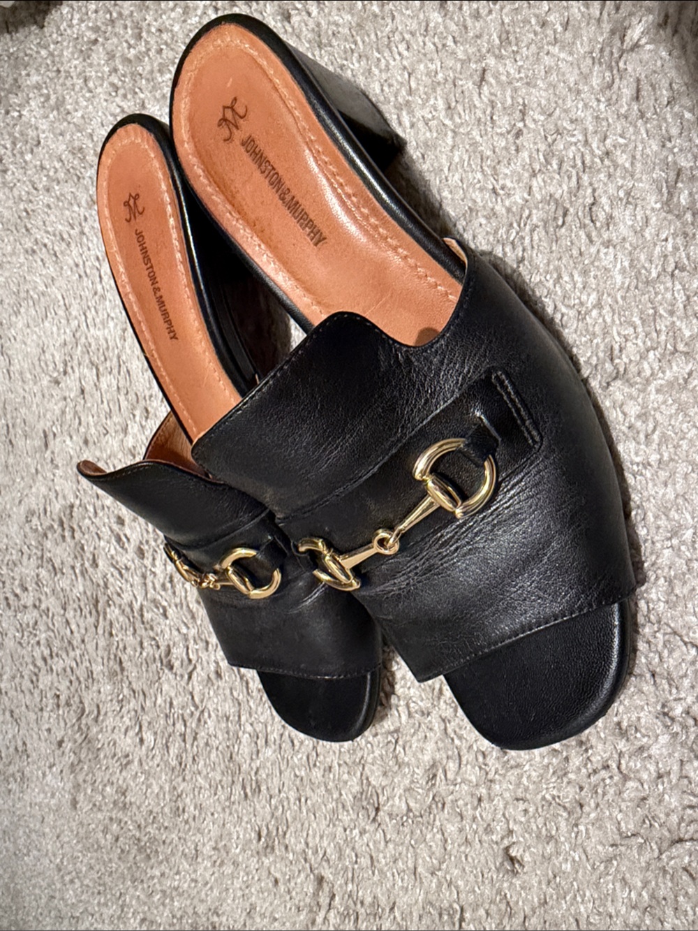 Johnston & Murphy Black Leather Slide Mules with Gold Hardware - Picture 2 of 2